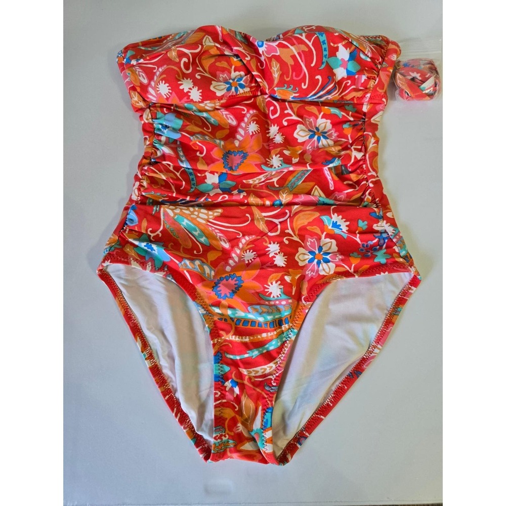 Helen Jon Womens Floral Paisley Ruched Bandeau One Piece Swimsuit Red Small